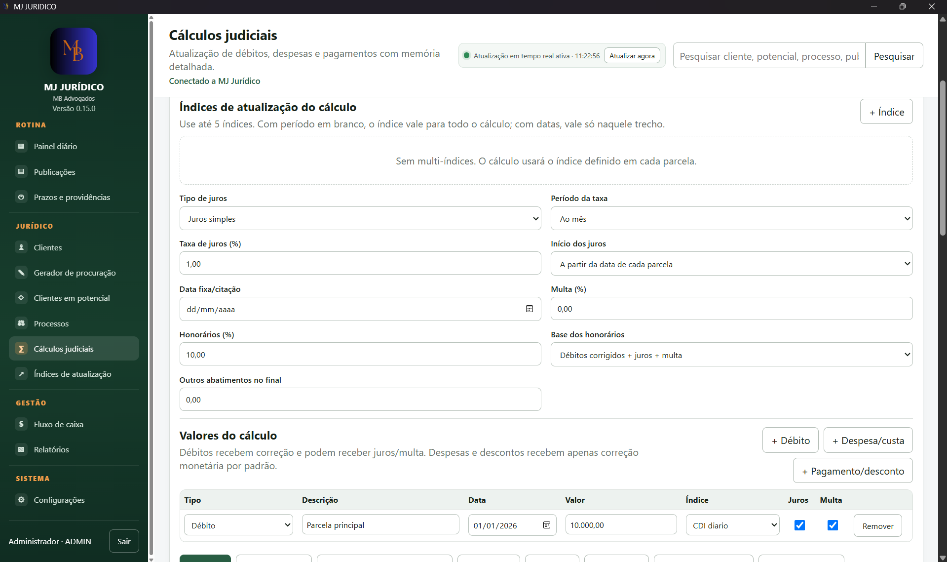 Formulário de cálculos judiciais do MJ Jurídico